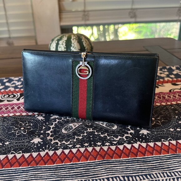 Gucci Black Leather Long Wallet Web Accent Foldover Clasp, Vintage and Rare - Picture 1 of 13